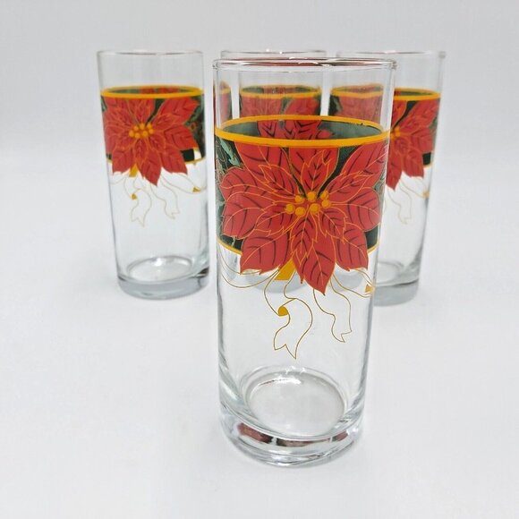 Christmas Tumblers Poinsettia Design - 12.5oz Glasses - Set of 4 - Vintage - Picture 2 of 5